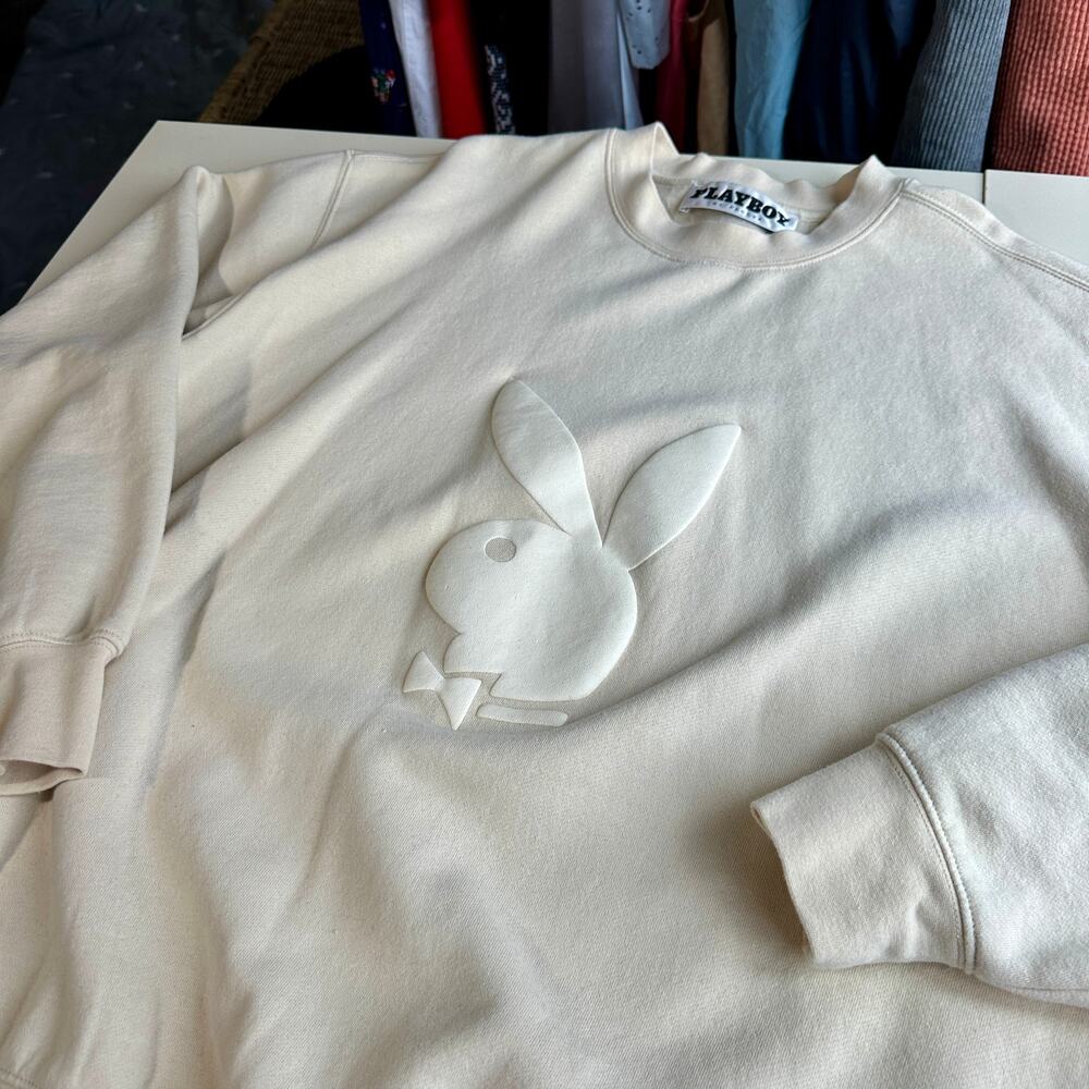 Playboy x PacSun Men’s Puffy Logo Crewneck Sweatshirt Cream Beige Minimalist- XL - Picture 7 of 9